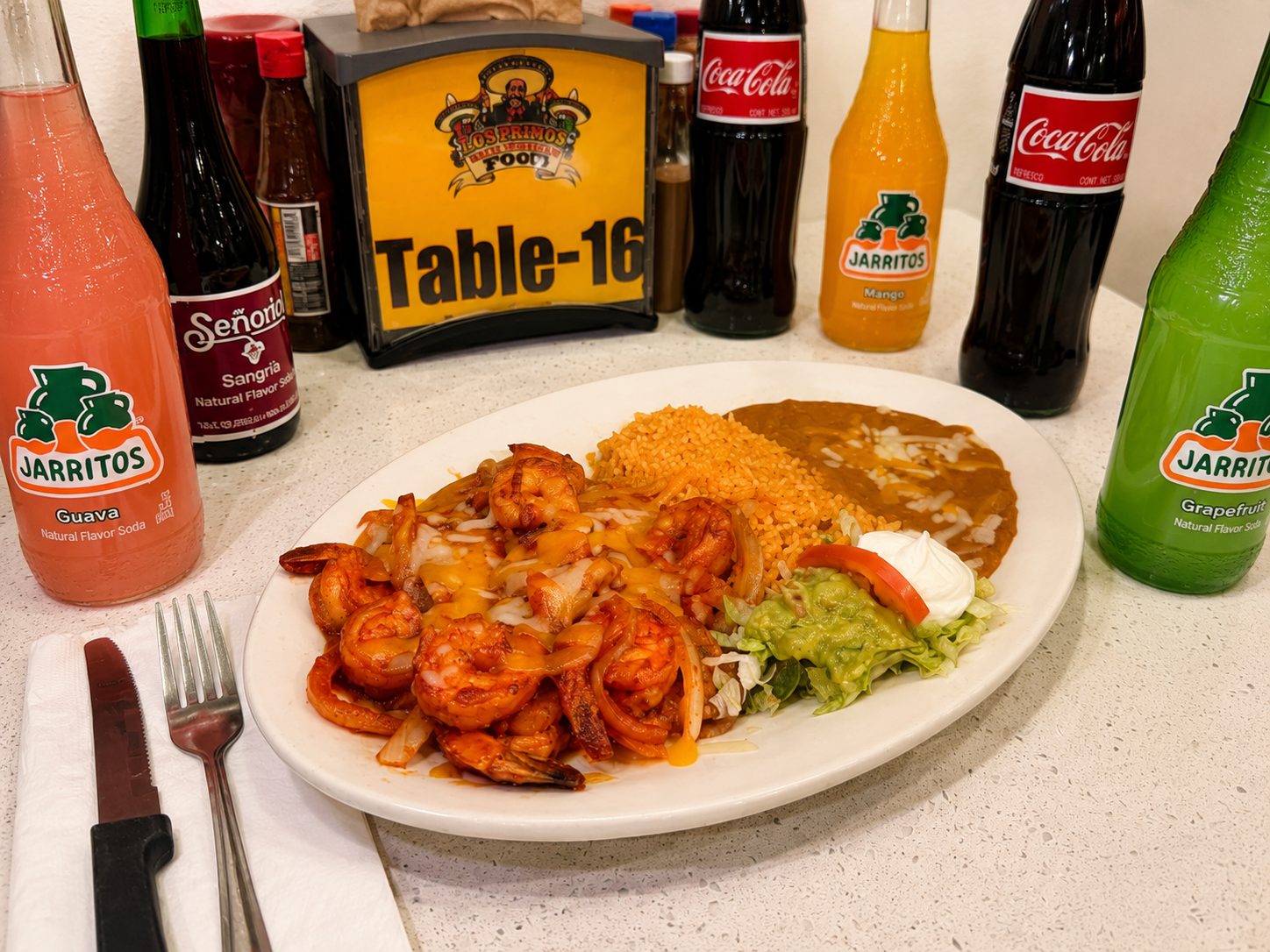 Camarones a la Diabla spicy shrimp with melted cheese at Los Primos