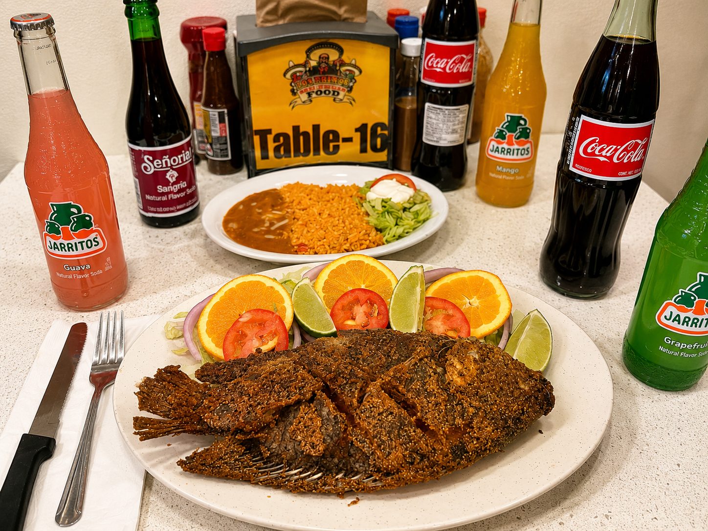 Mojarra a la Diabla whole fried fish with spicy salsa at Los Primos